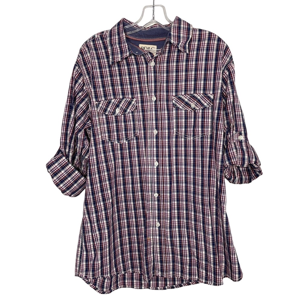PD&C Athletic Apparel Plaid Shirt Mens Size L Roll Up Sleeves Red White Blue